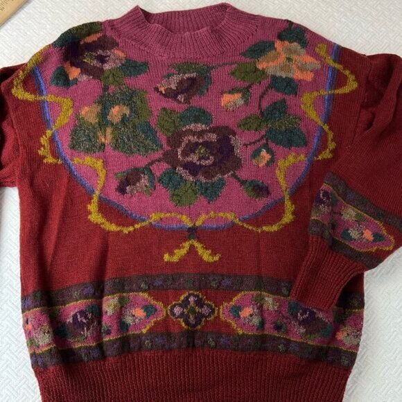 Vintage 80s 90s Jantzen Wool Textured Floral Paisley Knit Sweater Women’s M - Picture 5 of 14